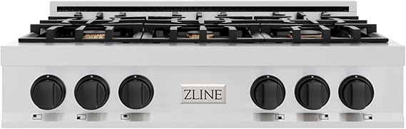 ZLINE Autograph Edition 36 in. Classic Gas Rangetop with 6 Burners and Porcelain Cooktop in Stainless Steel with Matte Black Accents (RTZ-36-MB)