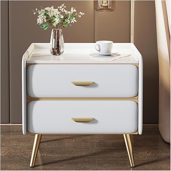 Nightstand with 2 Drawers, Bedside Cabinet with Raised Bezel and Marble Table Top, Bedside Table with Metal Legs for Bedroom, Living Room, Dormitory White 50x40x48cm