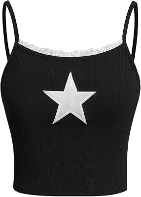SOLY HUX Girls Sleeveless Star Print Lace Trim Camisoles Spaghetti Strap Ribbed Crop Tank Tops