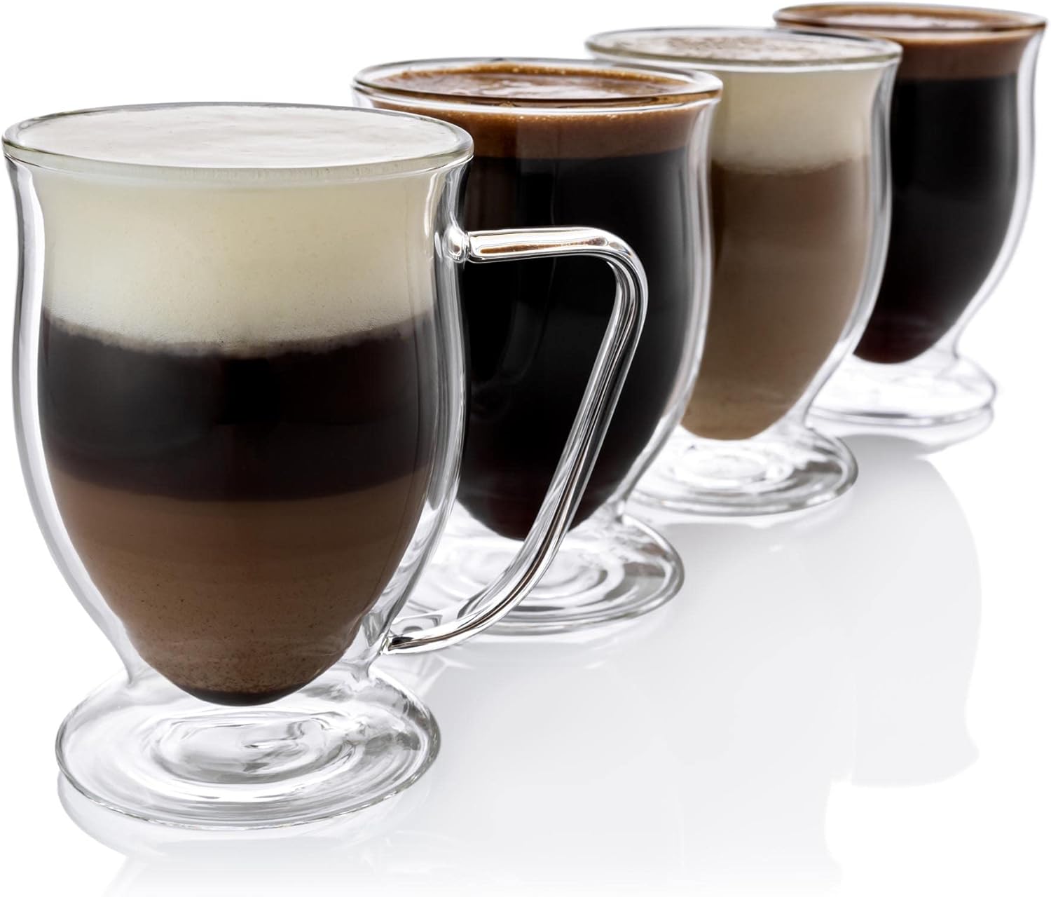 Kitchen Kite Double Wall Glass Coffee Mugs 11oz Set of 4, Insulated Borosilicate Glass Coffee Cups with Handle - Dishwasher & Microwave Safe Clear Mugs for Cappuccino, Latte, Espresso, Tea