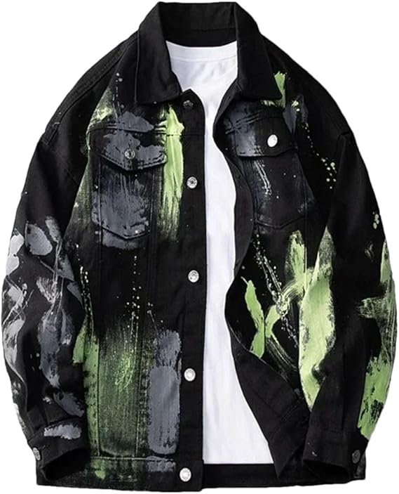 Men's Hip Hop Oversized Denim Jacket Turn-Down Collar Regular Sleeve Single Breasted Streetwear Style Denim Jacket