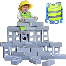 Playlearn 40pc Foam Brick Building Blocks for Kids Soft, Lightweight Cinder Block Toy Set with Storage Bag and Reflective Vest Realistic Fake Bricks for Creative Construction Play