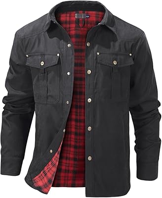 Haellun Mens Flannel Lined Shacket Long Sleeve Plaid Western Cowboy Snap Button Down Shirts Jackets with Pockets