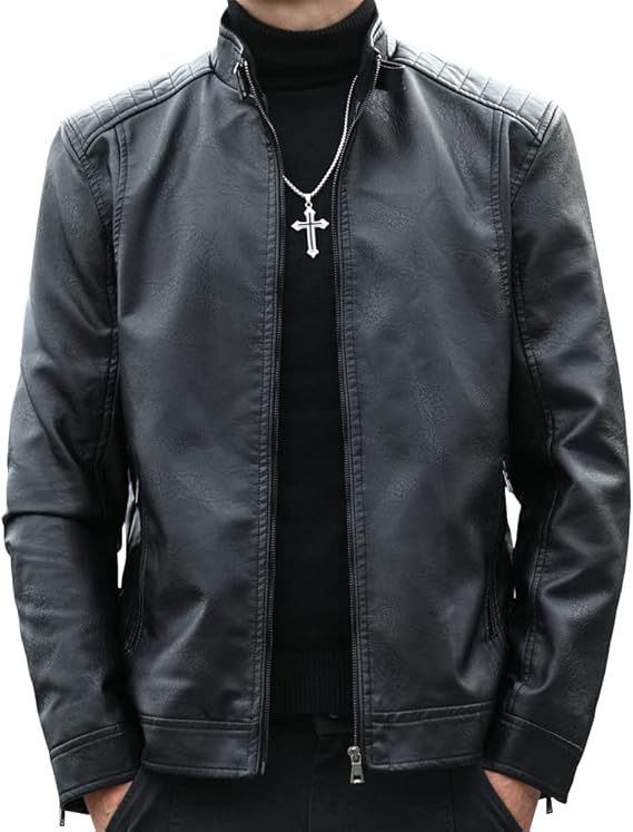 Mens Casual Stand Collar Faux Leather Jacket Biker Motorcycle Jackets