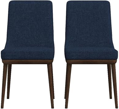 ASHCROFT Mid Century Modern Grayson Blue Upholstered Fabric Kitchen and Dining Chairs with Walnut Finish(Set of 2)