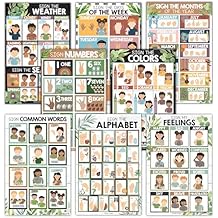 Hadley Designs Sign Language Posters For Classroom Decor - 8 ASL Posters For Classroom Must Haves, American Sign Language Chart For Kids, ASL Alphabet Poster For Toddlers Common Words, ABC Wall Chart