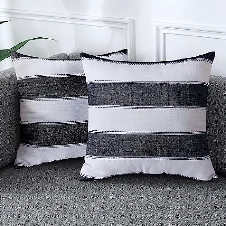 AmHoo Pack of 2 Farmhouse Stripe Check Throw Pillow Covers Set Case Cotton Linen Decorative Pillowcases Cushion Cover for Couch Bench Sofa 16x16Inch Black