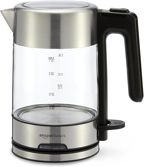 Amazon Basics Electric Kettle with Glass Carafe for Tea and Coffee, Fast Boiling, Auto Shut-Off, Boil-Dry Protection, Temperature Control, Removable Filter, 1 Liter, 1500W, BPA-Free