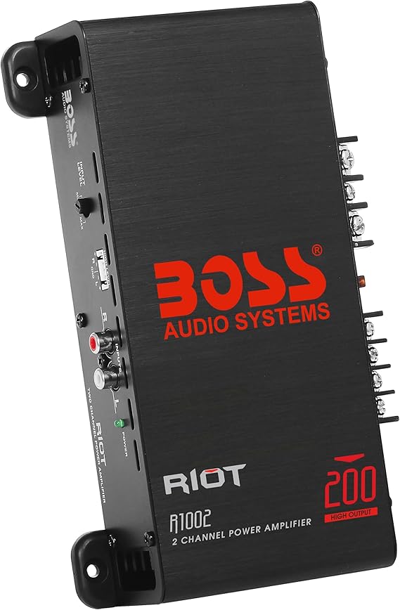 BOSS Audio Systems R1002 2 Channel Car Amplifier - 200 High Output, 2-8 Ohm Stable, Low/High Level Inputs, Full Range, Bridgeable, Bass for Subwoofer