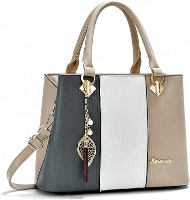 Large Capacity Leather Handbag for Women Color-block Striped Crossbody Bag for Women with Tassel Charm