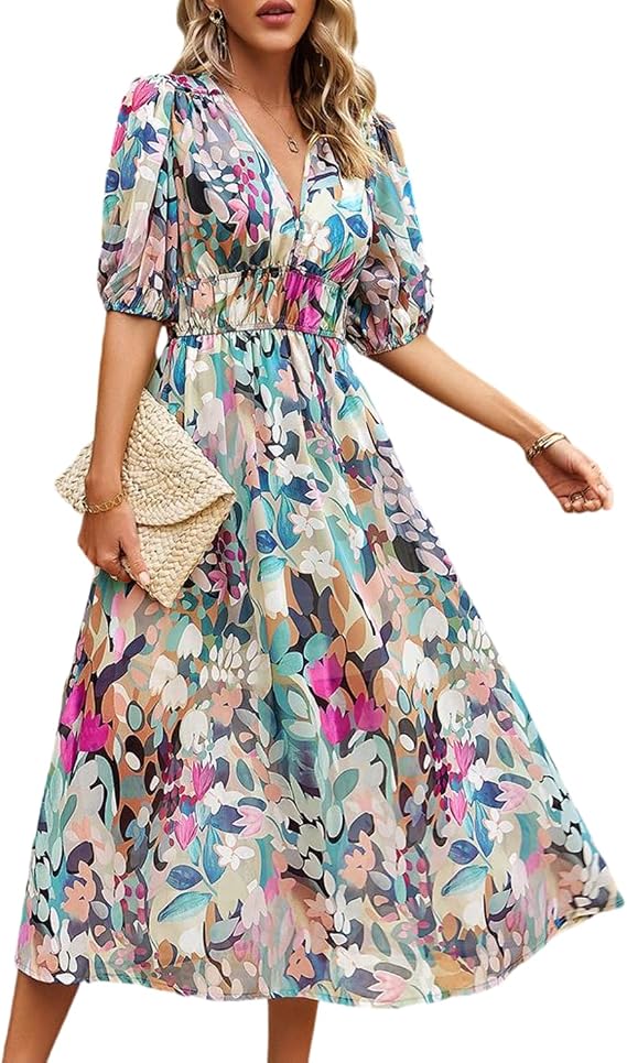 Xixiuly Women's Summer Short Sleeve Dress Floral Print V Neck Empire Waist Midi Dress Casual A-Line Flowy Beach Long Dresses
