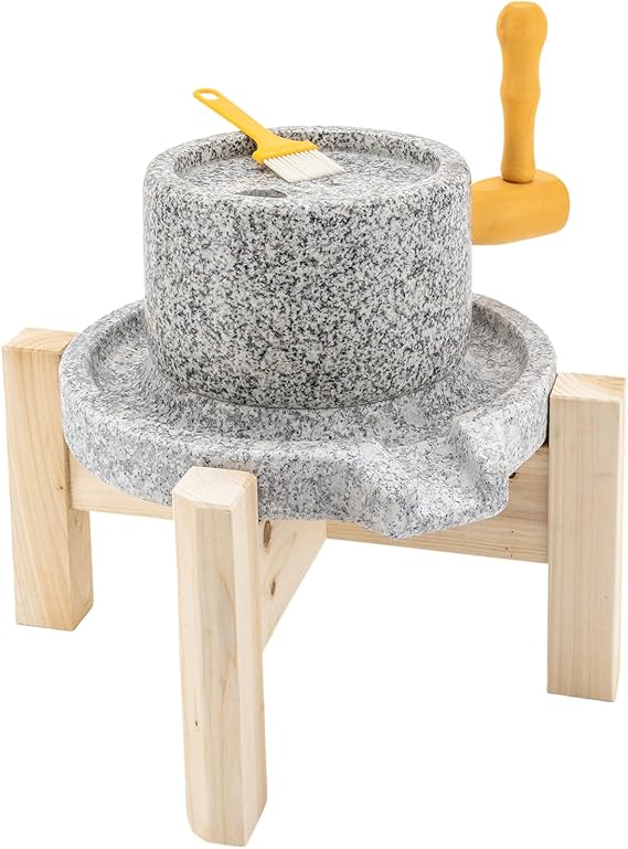 Stone Grainer Mill with Wooden Frame, Natural Granite Handmade Stone Mill Dry/Wet Hand Grain Mill Grinder for Spice Barley Soybean Classic Rice Pastewheat