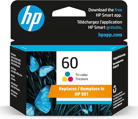 HP 60 Tri-color Ink Cartridge For Printers | Works with DeskJet D1660, D2500, D2600, D5560, F2400, F4200, F4400, F4580; ENVY 100; OfficeJet J4500, J4680, 4500; PhotoSmart C4600, C4700, D110a | CC643WN