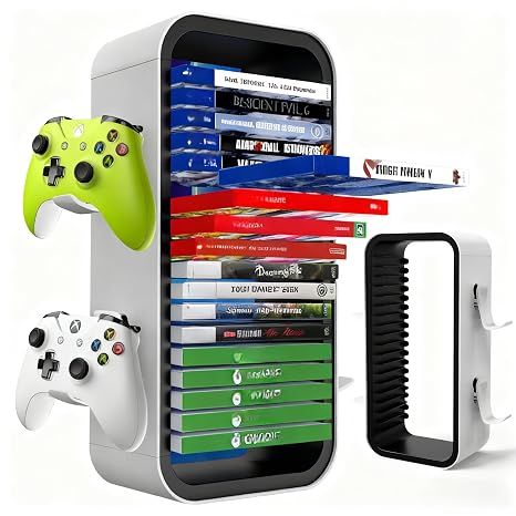 wigmoa Game Storage Tower15.8INCH Compatible with PS5/ Xbox Series S & X/Switch, Universal Video Games Discs Organizers 18 PCS with 4 Controllers Holder, Game Disk Rack Shelf. OYO-1 (White/Black)