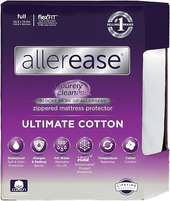 AllerEase Ultimate Allergy Protection and Comfort Zippered Mattress Protector, Full, White