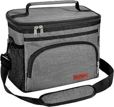 Insulated Lunch for Men & Women - Leak-Proof Cooler Lunch Bag with 4 Pockets Adjustable Strap, Double Deck Insulated Lunch Bag, Lunch Bags for Work Picnic Hiking Beach (Grey)