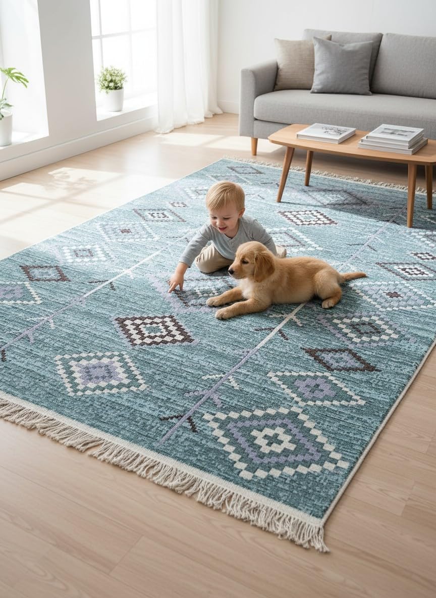 Rug Double Sided Usable Machine Washable woven Rug Light Green-Cream 80150cm