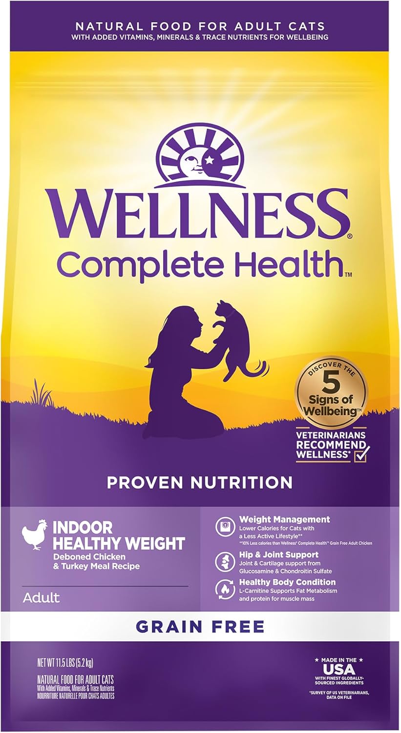 Wellness Complete Health Adult Dry Cat Food for Indoor Cats, Grain Free, Natural, Healthy Weight Chicken & Turkey Meal 11.5 Pound Bag