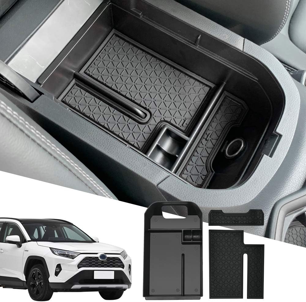 D-Lumina RAV-4 Center Console Organizer - Compatible with Toyota RAV4 2019 2020 2021 2022 2023 2024 2025 - Armrest Secondary Storage Tray, w/Black Anti-Dust Mats
