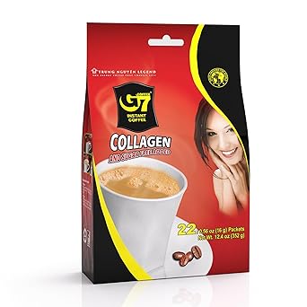 TRUNG NGUYEN G7 3-IN-1 COLLAGEN ADDED & SUGAR FREE Instant Coffee for Energy Boost - Collagen Added, Low Caffein & Diet Sugar - Strong and Pure Vietnamese Instant Coffee 22 SachetsBag