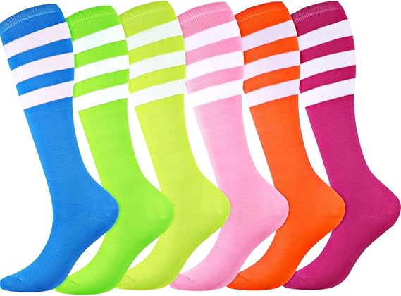 Syhood 6 Pairs Neon Knee High Socks Stretchy Roller Skate Socks for Women, Men, Soccer Softball Team Sports