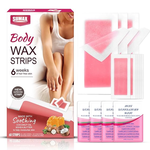 SUMAX Body Wax Strips for Hair Removal - Bikini & Facial Wax Strips (40+20 Count) for Eyebrows, Underarms & Brazilian Waxing