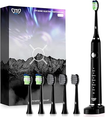 JTF Sonic Electric Toothbrush for Adults Power Rechargeable Toothbrushes Wireless Fast Charge and Long Lasting, Smart Timer 5 Modes Whitening Tooth Brush with 6 Brush Heads, Black