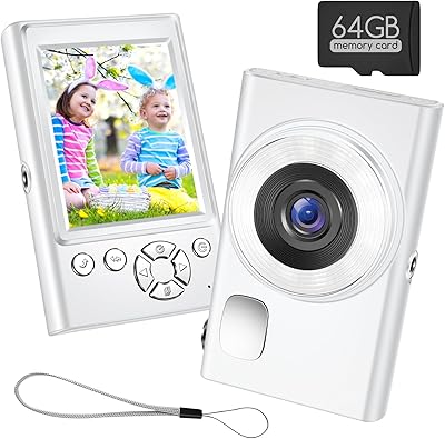 Digital Camera,Portable Compact Point and Shoot Digital Camera,Autofocus 48MP 1080P Vlogging Camera16X Digital Zoom, Shoot Digital Camera for Kids Teens Adult Beginner with 64GB Card,Lanyard White