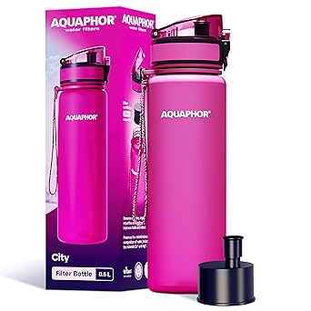 AQUAPHOR City Water Filter Bottle 17 oz | Reusable & Portable Filtered Water Bottle | BPA-Free | Perfect for Camping, Travel, Indoor & Outdoor Use | Pink