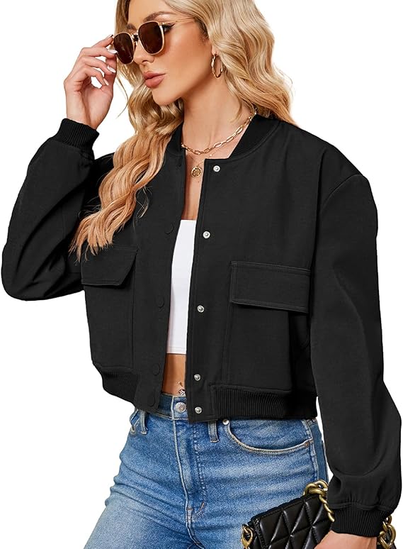 Zando Bomber Jacket Women 2026 - Short Cropped Jacket Women Button Down Long Sleeve Casual Varsity Jackets with Pockets