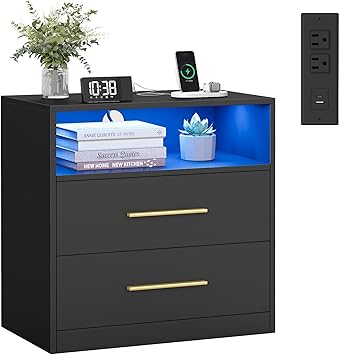 VASAGLE Custos Collection - 23.6 Inch Wide Nightstand with Charging Station, LED Lights, Modern Night Stand, Side End Table with Drawers, Open Shelf, 2 AC Outlets USB Ports, Ink Black