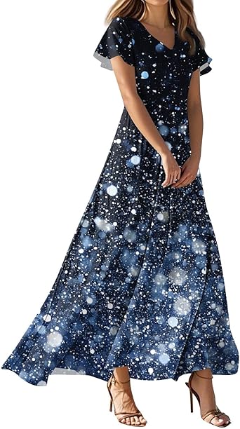 Maxi Dresses for Women,2025 Summer Elegant V Neck Short Sleeve Floral Beach Dress,Flowy Ruched Boho Vacation Dress