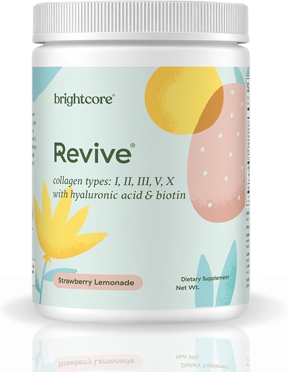 Brightcore Nutrition Revive Multi Collagen Protein Powder with Vitamin C and Hyaluronic Acid, Non-GMO, Gluten-Free Collagen Powder for Women and Men, Strawberry Lemonade Flavor, 30 Servings