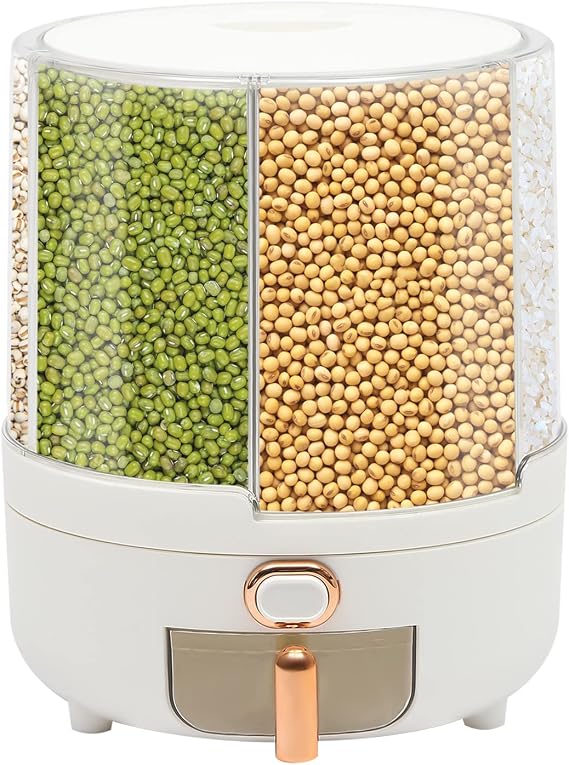 6 Compartments Rice Storage Container, 360 Rotation Grain Storage Container Dispenser with Dustproof Box, Dry Food Dispenser for Various Small Beans, Rice, Flour, Grain (Large White)