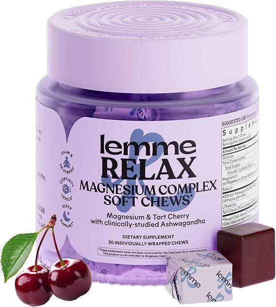 Lemme Relax Soft Chews with Magnesium Glycinate & Citrate, KSM-66 Ashwagandha  L-Theanine to Support Stress Relief, Cortisol Levels, Mood & Healthy Sleep Cycles, BlackBerry Lemonade 30 Chews