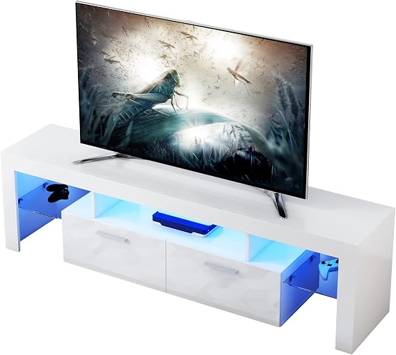 LED White TV Stand for 75 Inch, Center Table for Living Room, LED Light TV Console Table with Storage and Shelves for Living Room Bedroom (63 inch, White)