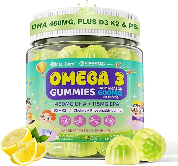 Omega 3 Gummies for Kids 4+, Sugar Free DHA Gummies with EPA from Algae, Children's Omega 3 Supplement with Vitamin D3 K2, Choline & PS for Brain & Immune Support, Vegan Fish Oil Alternative, 60 Count