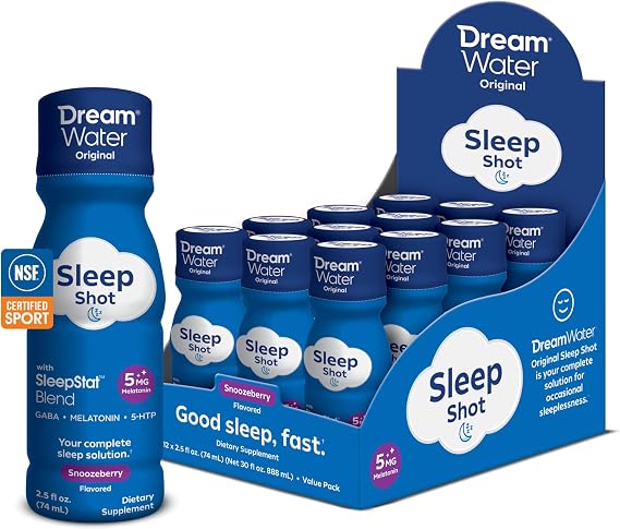 Dream Water NSF Sleep Aid Supplement Liquid Shots; Melatonin 5mg, GABA, 5-HTP; Zero Sugar, Natural Flavors, No Added Colors, 2.5 oz Liquid Sleep Shots, Snoozeberry, 12-Count.