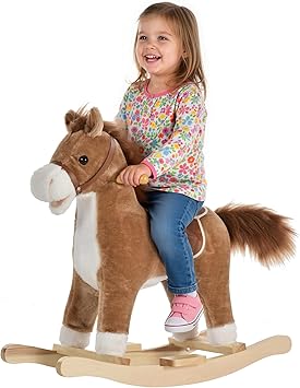 Qaba Rocking Horse Plush Animal on Wooden Rockers, Baby Rocking Chair with Sounds, Moving Mouth, Wagging Tail, Brown