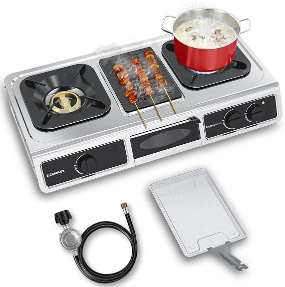 CAMPLUX 3 Burner with 1 Grill Plate Propane Gas Cooktop Stove, 26,000 BTU Stainless Steel Triple Burner Propane Cooktop for Outdoor Kitchen Cooking with CSA Regulator, Estufa de Gas Portatil