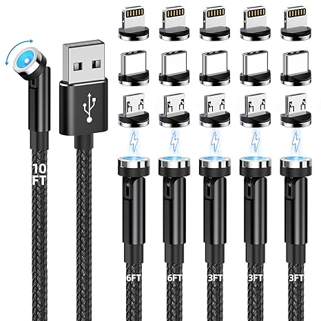 Magnetic Charging Cable, 540 Rotating Magnetic Phone Charger [6-Pack, 3ft/3ft/3ft/6ft/6ft/10ft] 3 in 1 Magnetic Charger Cable Nylon Braided Magnetic USB Cable for iProduct/Micro USB/Type C Device