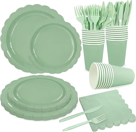 144Pcs Sage Green Party Supplies Sage Green Tableware Set Serve 24 Guests Includes Paper Plates Napkins Cups for Birthday Wedding Baby Shower Party Decorations