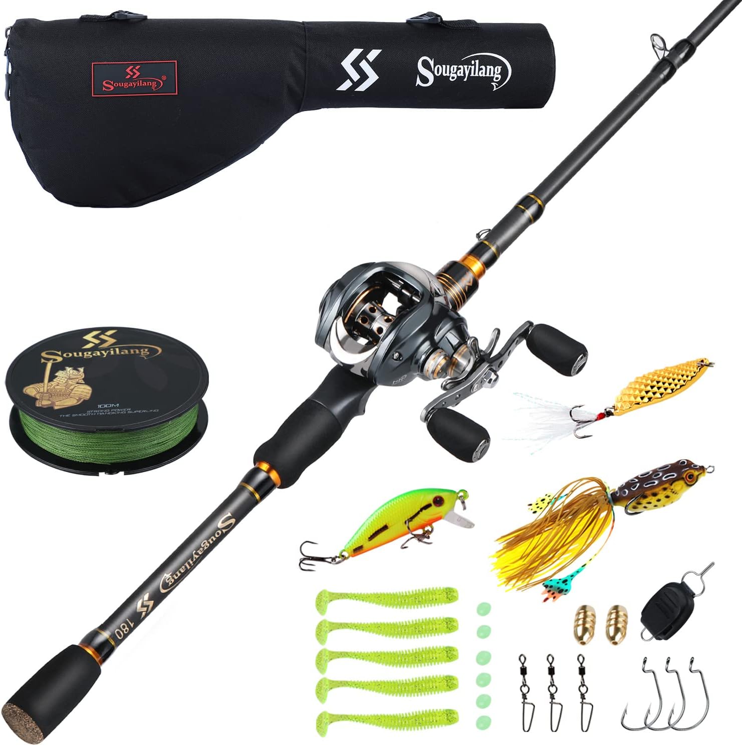 Sougayilang fishing rod and reel combo, 11 1 BB bait casting reel with telescopic fishing rod combo, bait caster combo for beginners