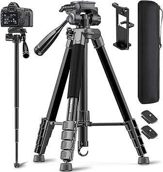 CAMBOFOTO 73" Camera Tripod and Monopod, Professional Aluminum Tripod Stand for Mirrorless Camera/DSLR/Cell Phone/Camcorder/GoPro, with Phone Holder and Travel Bag Black