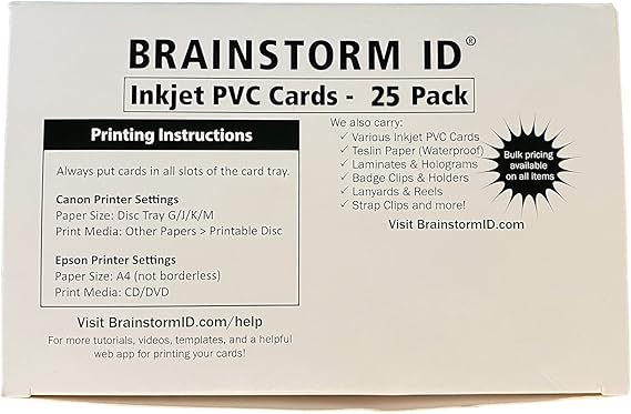 Brainstorm ID Inkjet PVC Cards 25 Pack - 30 Mil - Inkjet Printable ID Cards - Enhanced Ink Receptive Coating - Waterproof & Double Sided Printing - Works with Epson & Canon Inkjet Printers
