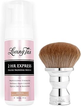 Loving Tan 2 HR Express Self Tanning Mousse, Medium - Streak Free, Natural, Professional Quality + Flawless Body Tan Application Brush - Free-standing, Oversized for Even & Easy Coverage