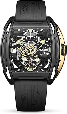 CIGA Design Z Series Automatic Mechanical Watch, Luxury Skeleton Wristwatch Tonneau with Silicone Strap Stainless Steel Business Dress Waterproof Timepiece Gifts for Men and Women
