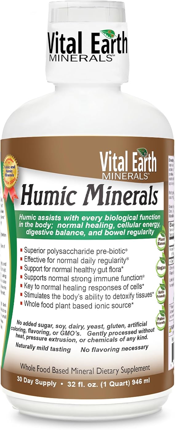 Vital Earth Minerals Humic Minerals Fulvic Acid Supplement with 70+ Trace Minerals, Electrolytes for Recovery & Balance, 32 Oz + 1 Oz Cup