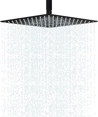 Black 16 Inch Ultra Thin Rain Shower Head, Large Rainfall Waterfall Shower Head Full Body Coverage, Universal Ceiling or Wall Mount, 304 Stainless Steel