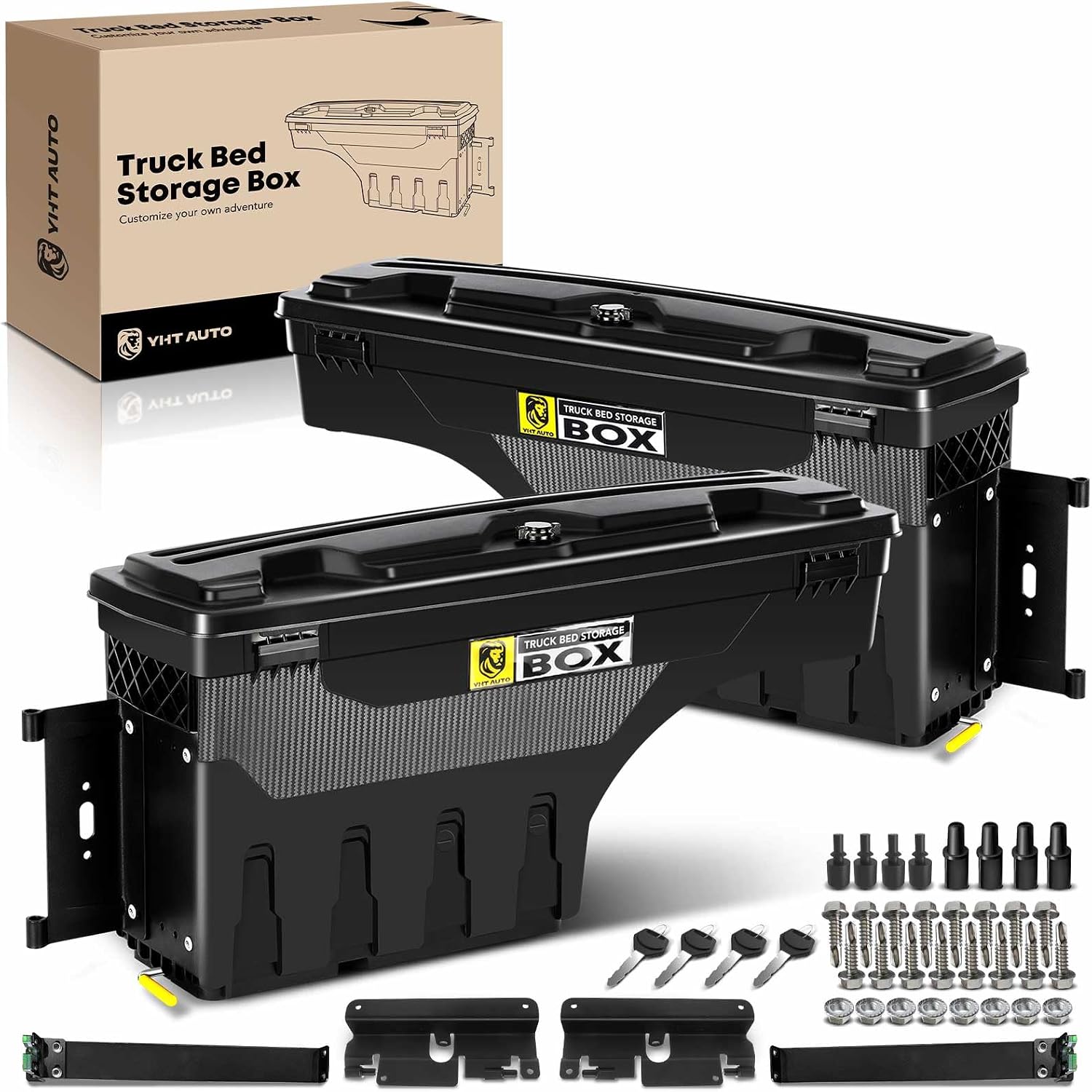 YHTAUTO Set of 2 Truck Bed Storage Tool Box Lockable Compatible with 2007-2018 Chevrolet Silverado & GMC Sierra 1500 2500 3500 3500HD, Without Bed Rail Storage, Swing Waterproof Wheel Well Toolbox
